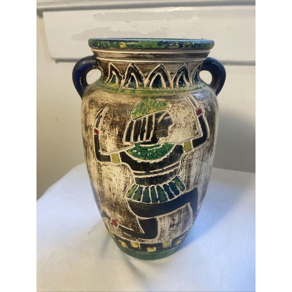 Vintage Egyptian Revival Clay Vase Japanese Japan Colorful Souvenir Decor